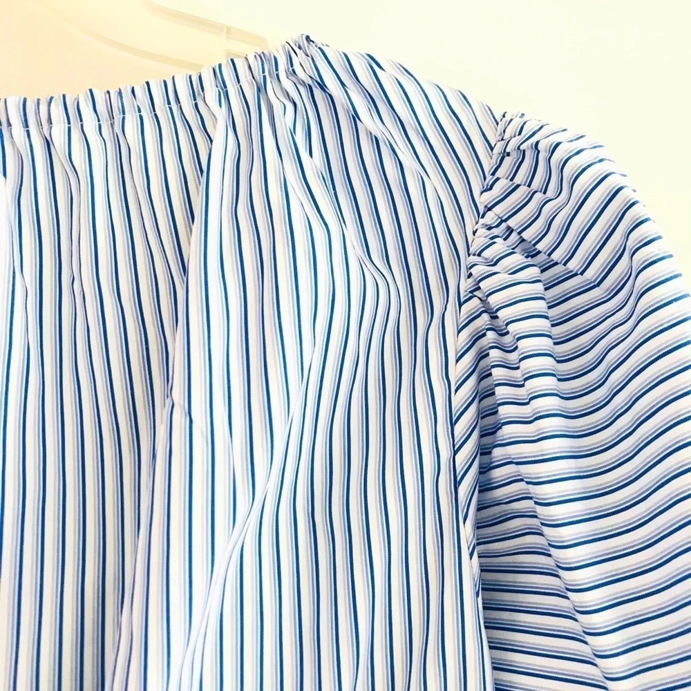 Tory Burch | Ariana Drawstring Top Womens S Small Blue Ombre Stripe Short Sleeve